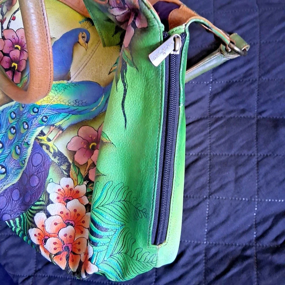 Anuschka Hand-Painted Leather Hobo Bag Peacocks Two sided Painting